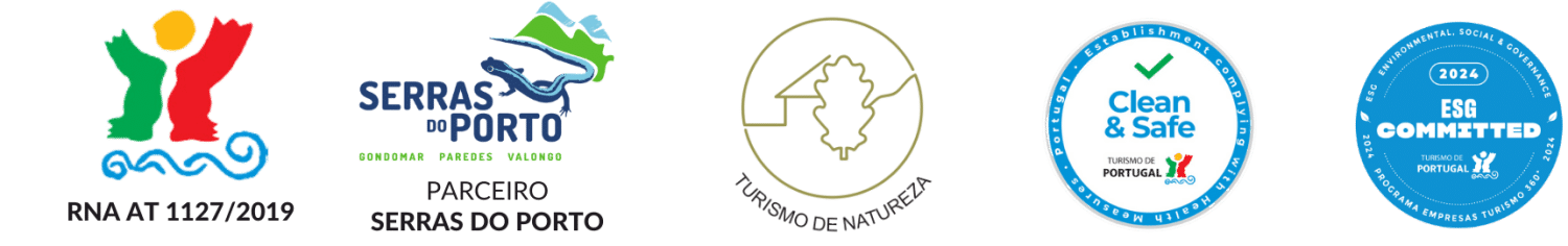 Certificações e parcerias: RNA AT 1127/2019, Parceiro Serras do Porto, Turismo de Natureza, Clean & Safe, ESG Committed 2024
